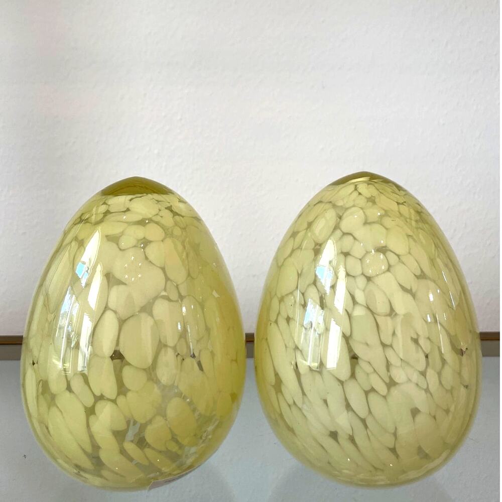 Set of 2 Yellow Speckled Glass Eggs 5.5in Chic Easter Spring Home Decor New